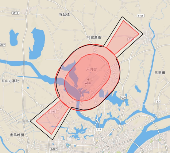 (红色区域为大疆的多边形禁飞区/限飞区策略,黑色外框为民航局新公布