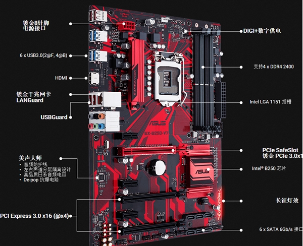 华硕网吧专用主板b250v7三口镀金内存cpu防盗